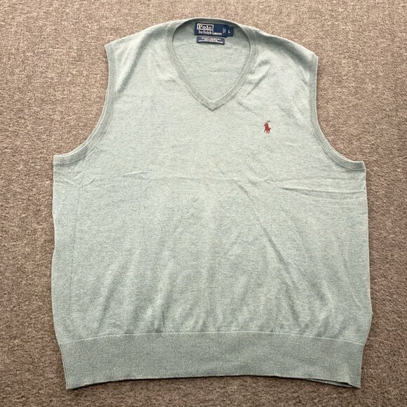 Polo Ralph Lauren V-Neck Sweater Vest Mens Large Green Cotton Silk Cashmere Pony - Picture 1 of 8